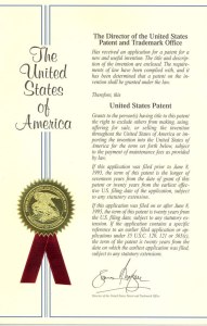 Δίπλωμα ευρεσιτεχνίας απονεμηθέν από την Υπηρεσία Ευρεσιτεχνιών και Εμπορικών Σημάτων των ΗΠΑ στον Σεργκέι Κονοπλόβ